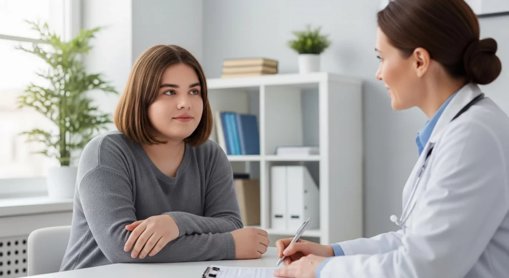 Transfrau fragt ihren Arzt nach ihrem BMI