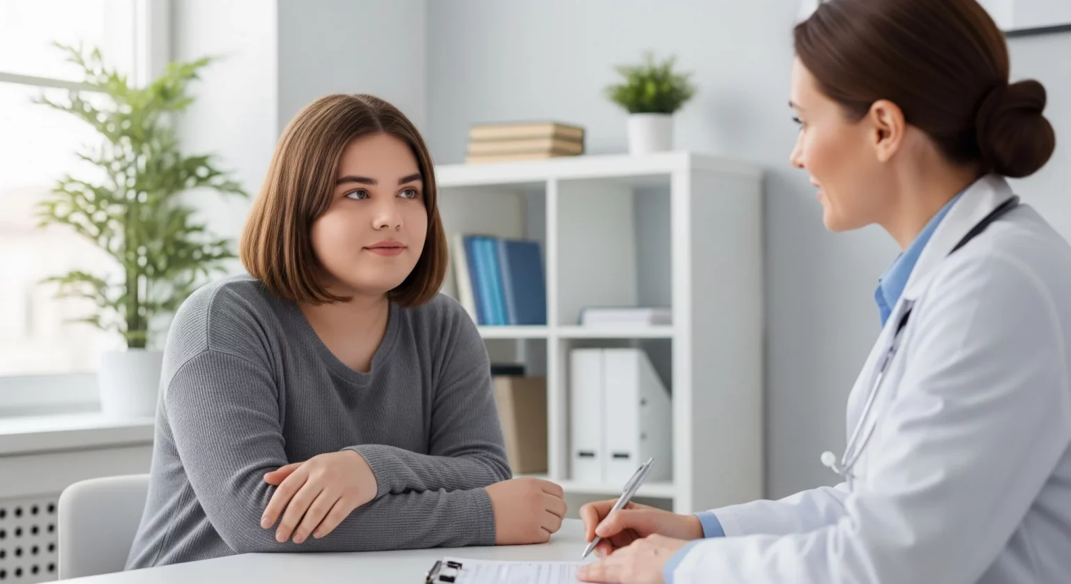 Transfrau fragt ihren Arzt nach ihrem BMI