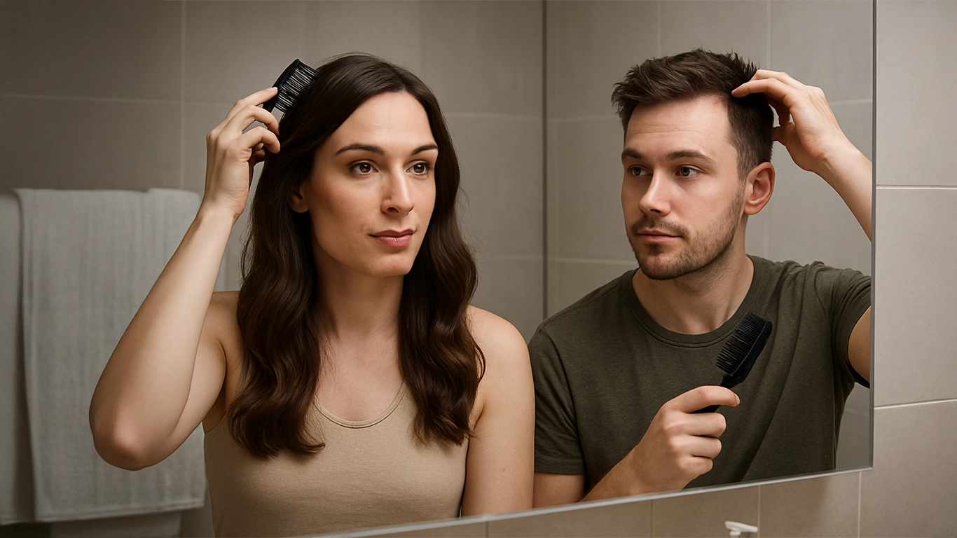 Transfrau und Transmann, die sich vor einem Spiegel die Haare bürsten.