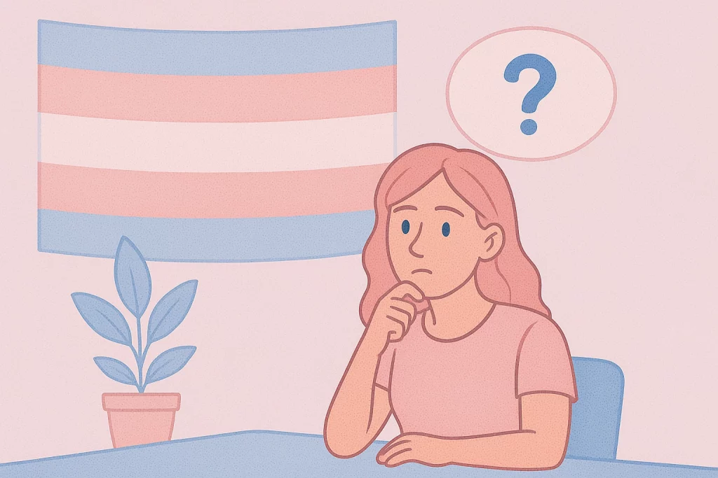 Illustration einer Transfrau, die sich unsicher ist, wie sie ihre Transition beginnen soll