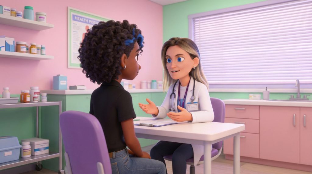 Two women in a bright clinic: a doctor with a stethoscope talks to a Black patient seated across a white table, pink and green walls behind them.