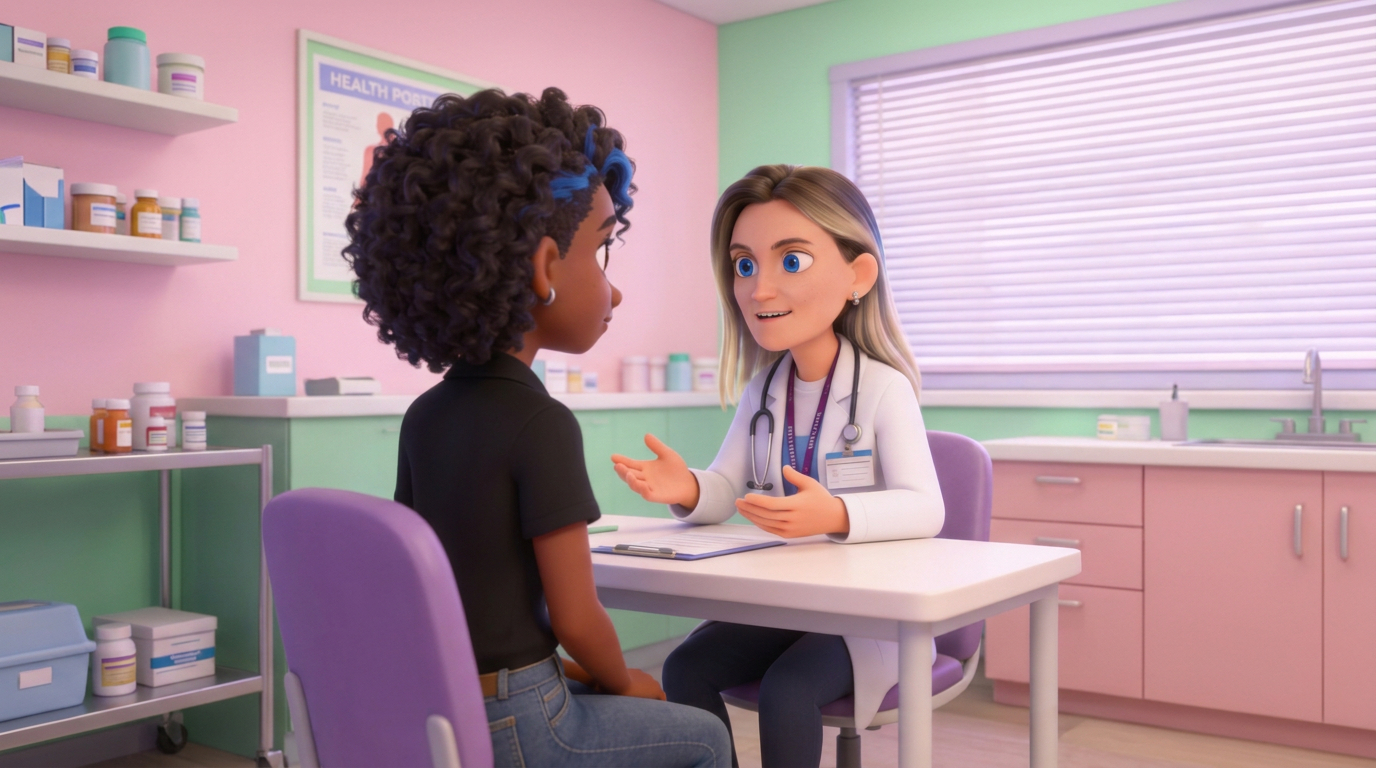Two women in a bright clinic: a doctor with a stethoscope talks to a Black patient seated across a white table, pink and green walls behind them.